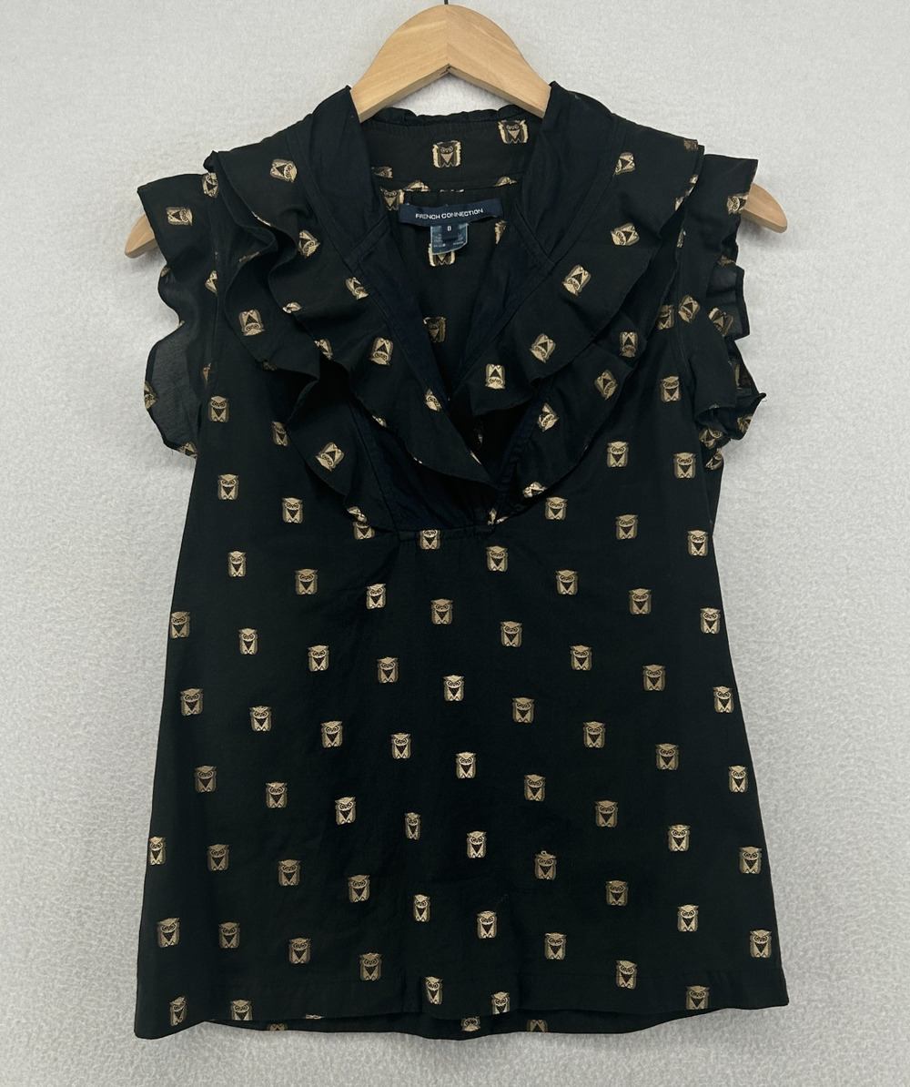 FRENCH CONNECTION Top 0 Owl Jacquard Blouse Ruffle Sleeveless Cotton Blend Black